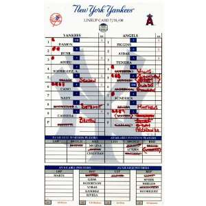  Angels at Yankees 7 31 2008 Game Used Lineup Card (MLB 