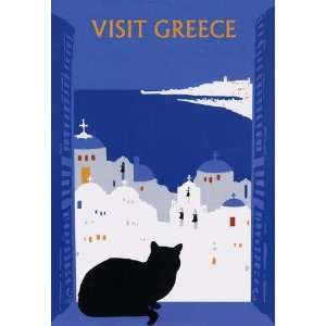  CAT VISIT GREECE Travel Poster with Black Cat 24 X 34 