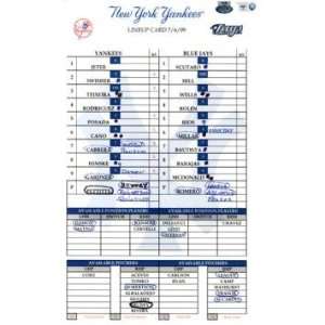  Blue Jays at Yankees 7 06 2009 Game Used Lineup Card (MLB 