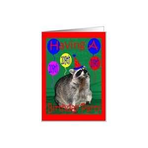  Invitation to 109th Birthday Party, Raccoon with party hat 