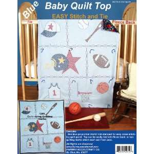  Stamped Baby Quilt Top 36X42 Sports  Blue Fabric 