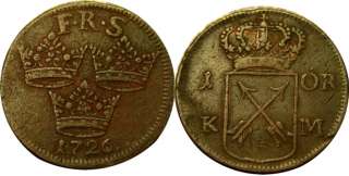elf Sweden 1 Ore 1726 Copper Frederick I  