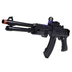 The spring loaded ZX HY910 airsoft pump action shotgun features 50 