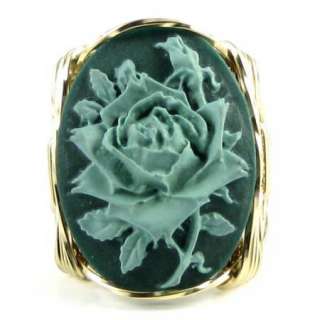 Full Bloom Teal Rose Cameo Ring 14K Rolled Gold  
