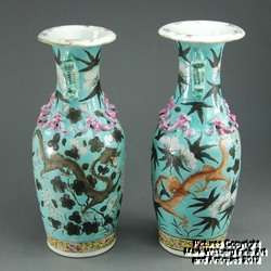 PAIR Chinese Famille Rose Porcelain Bottle Vases, Dragons, 19th 
