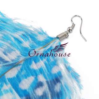 New White Skeleton Pattern Blue Ostrich Feather Earrings Dangle Drop 