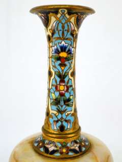 Antique 19C. French Chinoiserie Onyx & Brass Enamel Mantle Vase  