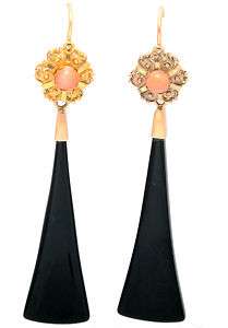 12K YELLOW GOLD VICTORIAN EARRINGS WITH ONYX AND PINK CORAL  