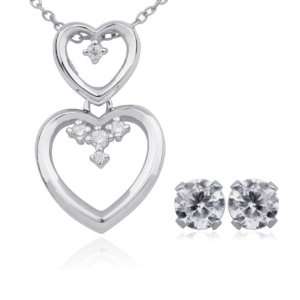 Rhodium Plated Sterling Silver Cubic Zirconia Stacked Heart Pendant 