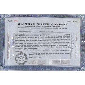    Waltham Watch Company Stock Certificate. Cancelled 