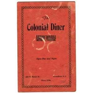  Colonial Diner Menu Greensboro North Carolina 1930s 