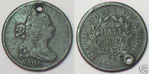 Holed 1806 Draped Bust Half Cent Small 6 Stemless Net F  