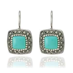  Sterling Silver Marcasite and Turquoise Square Earrings Jewelry