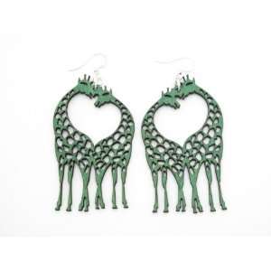 Kelly Green Giraffe Heart Wooden Earrings GTJ Jewelry