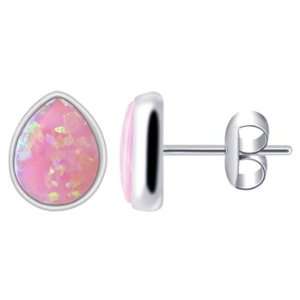   Silver Pear Shape Created Pink Opal 9mm x 7mm Stud Earrings Jewelry