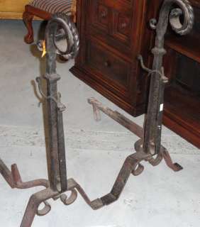Unusual Antique French Wrought Iron Andirons Huge NR  