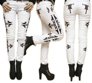 womens ladies funky EMBROIDERED skinny jeans WHITE 26 27 28 29 30 UK 6 