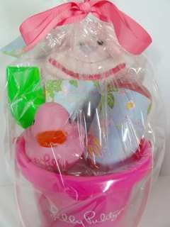 PINK LILLY PAIL WITH MONKEY WASH RAG, BUBBLE BATH, BATH FIZZIES, LILLY 