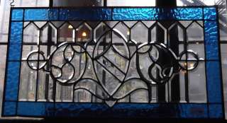 Antique Vtg Stained Glass Window Beveled Shield w Blue Border Restored 