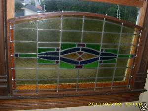 LARGE ANTIQUE STAINED GLASS WINDOW WOOD CASING ARCHED  