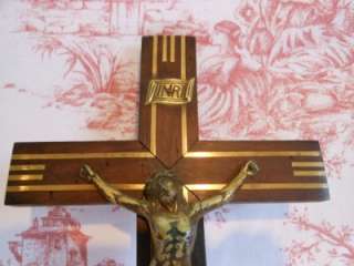 VINTAGE FRENCH CRUCIFIX FRUIT WOOD / BRASS INLAY  