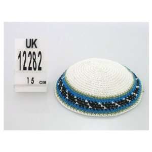  White Knitted Kippah with Green, Blue and Black Stripes 