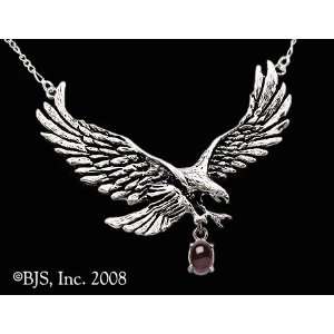  Eagle Necklace with Gem, 14k White Gold, Garnet set gemstone, Eagle 