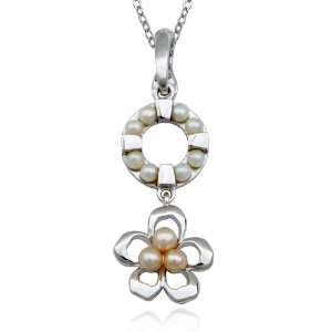 Sterling Silver White and Pink Pearl Circle and Flower Drop Pendant 