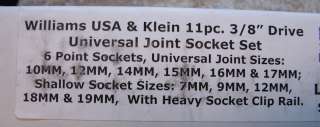 Williams USA & Klein Socket Set 3/8 6 point UJ Metric  