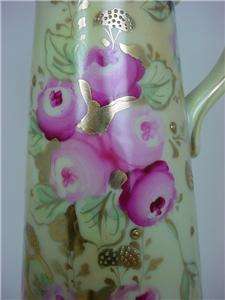   Pink Roses w/Gold Flourishes & Green Borders Tall Ewer Pitcher  