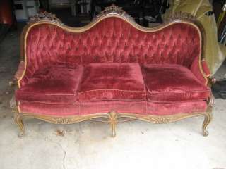 VINTAGE ANTIQUE RED VELVET VICTORIAN COUCH CHAISE SOFA FURNITURE 
