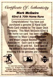 1998 Mark McGwire 22kt Gold Upper Deck Card 62 & 70 HR Limit Edit 2470 