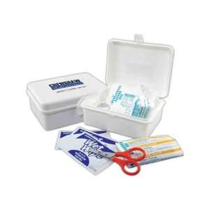 Micro first aid kit with wet wipes, gauze swabs, tape, scissors and 