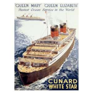  Cunard Line, Queen Elizabeth, Queen Mary Giclee Poster 