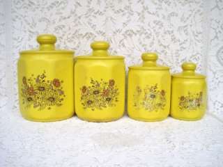 Vintage KROMEX Yellow Tin Daisy Pattern Canister Set  