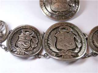 Antique Peruvian 900 Silver Coin Bracelet Pin Set 74.5g  