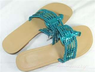 Inside Out Braided Woven Metallic Strap Flip Flop Thong Sandals Aqua 