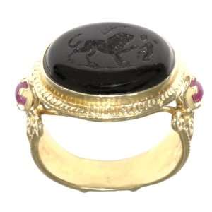   Yellow Gold Black Venetian Glass and Rubies Ring, Size 6.5 Jewelry