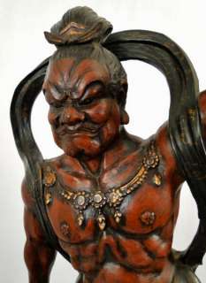 Pr. Antique Japanese Meiji Period Carved Wood Lacquer Fierce Guardian 
