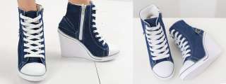 Womens Blue Denim Sneakers Zip Wedge Heel Boots US 5~8  