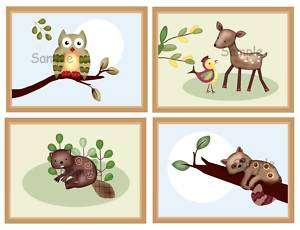 set 4 prints Enchanted forest animals nursery wall art  