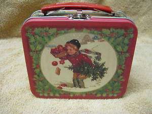 Vintage Look Holiday Lunch Box Christmas Tin Opens Red  