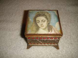   Metal Jewelry Or Trinket Box La Vierge Marie Ornate Etching Fabric Top