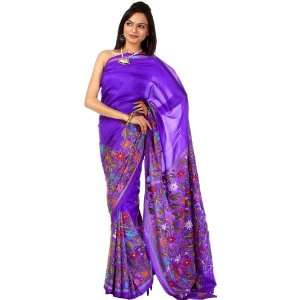  Ultramarine Kantha Sari with Hand Embroidered Flowers 