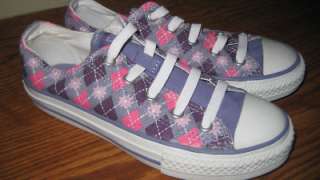 Girl Size 1 Purple & Pink Argyle Converse All Star Shoes New  