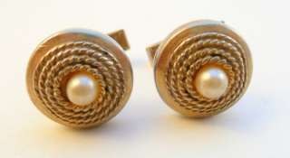 Vintage 1950s 60s Goldtone Braided Wire and Faux Pearl CUFF LINKS 