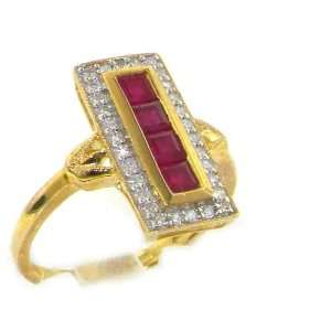 Luxury 9K Yellow Gold Womens Princess Cut Ruby & Diamond Ring   Size 5 