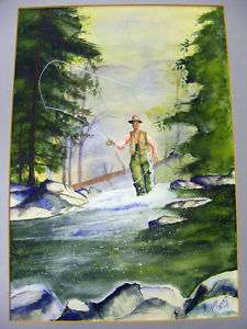 MAN TROUT FLY FISHING WATERCOLOR PAINTING~ANGIE CARRIER  