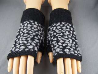 Black Grey cheetah leopard wool angora arm warmers fingerless gloves 