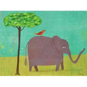  Elephant and Red Bird Canvas Reproduction